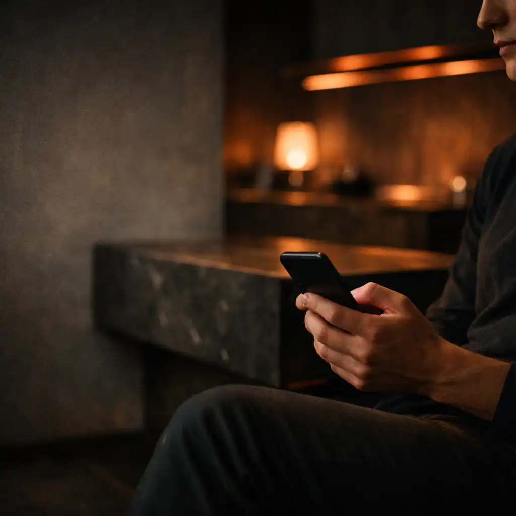 Nyugodt, tudatos mobilhasználat sötét, modern környezetben