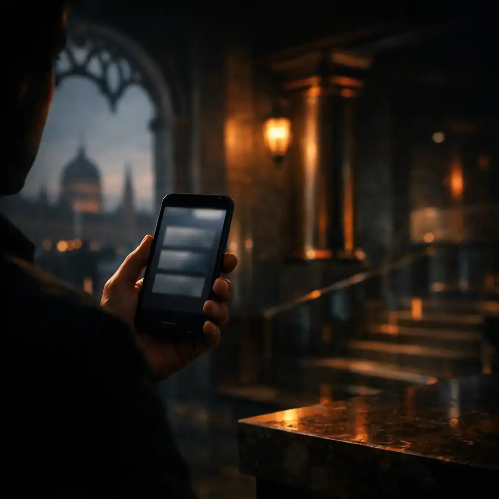Sötét, hangulatos jelenet mobilhasználattal